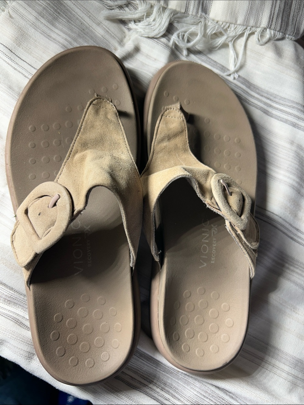 Vionic Beige Suede Toe-Post Sandals with Adjustable Buckle